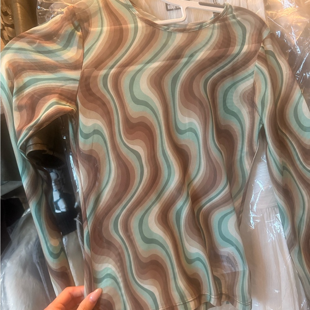 Miaou Sheer Wave-Print Long Sleeve Top in Brown & Mint